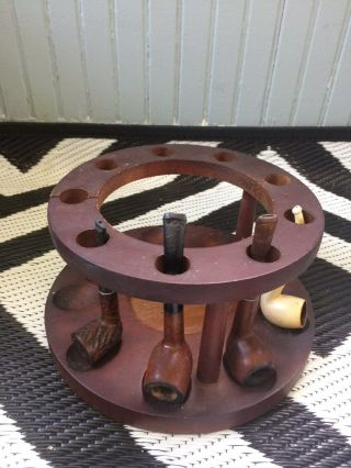 Vintage Wooden Pipe Stand/holder,  With 4 Pipes.  Holds 9