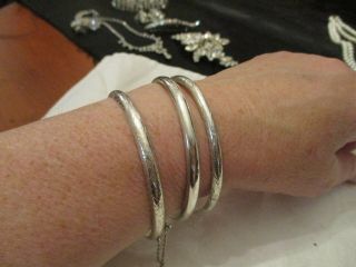 3 Vintage Sterling Silver Bangle Bracelet Etched & Plain W Safety Chains 7 1/4 "