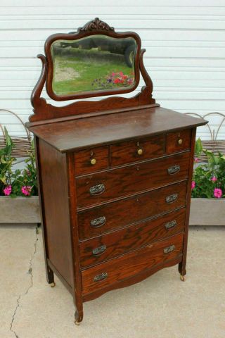 Antique Oak Gentlemans High Boy Chest Dresser Beveled Mirror 7 Dovetail Drawers