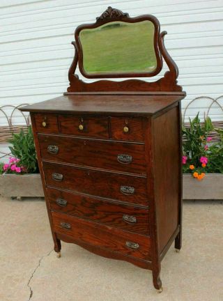 Antique Oak Gentlemans High Boy Chest Dresser Beveled Mirror 7 Dovetail Drawers 2