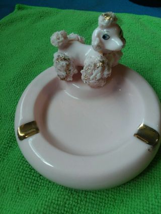 Vintage Lefton Ceramic Poodle Ashtray Trinket Box White Gold Tone Trim Kb40205