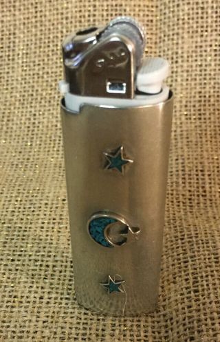 Vtg Cover Case Cigarette Lighter Holder Turquoise Silver Moon And Stars.