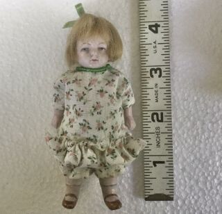 Antique German Hertwig Miniature Bisque Doll With Loop Hair Ribbon