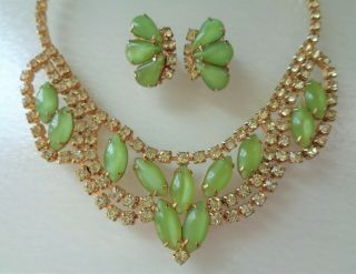 Vintage,  Gold Tone,  Rhinestones And Green Glass Cabochons Necklace And Matching