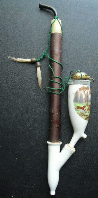 Antique German Bavarian Long Wood Stem Porcelain Smoking Pipe Deer And Dog 13 "