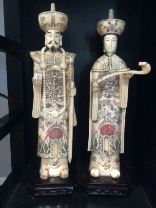 Antique Chinese Hand Carved Emperor And Empress Statues