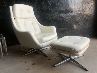 Mid - Century Modern Overman Egg Style Lounge Chair & Ottoman White & Chrome