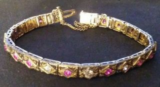 Antique Art Nouveau 14k Gold Diamond Ruby Filigree Box Bracelet 14.  6 Grams Rare