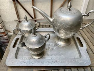 Chinese Swatow Pewter Tea Set,  Late Qing Dynasty