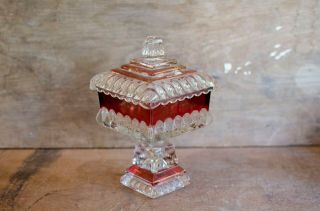 Vintage Clear Class And Ruby Red Candy Dish With Lid