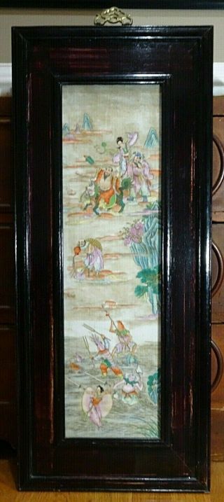 Antique Chinese Hand Painted Porcelain Tile Plaque People Framed 38 " Tall