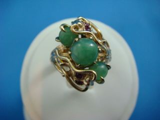 14k Solid Yellow Gold Vintage Ladies Ring With Natural Jade & Rubies 5.  5 Grams
