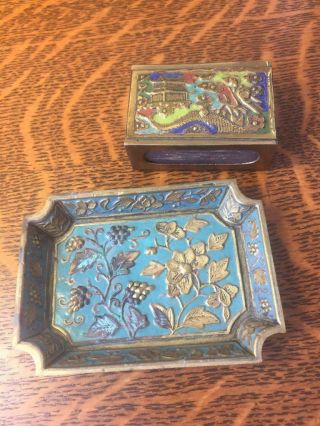 Antique Cloisonne Metal Enamel Chinese Match Box Holder Case Safe & Tray China