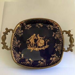 Vintage Limoges France Cobalt Blue Gold Porcelain Plate With Metal Handles/ Rim