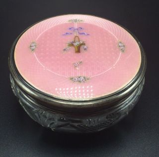 Antique Sterling Silver Pink Floral Enamel Guilloche Glass Crystal Jar Box