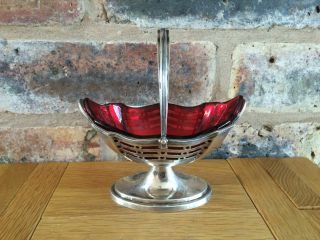 Antique Victorian 1898 Silver Sugar Basket With Red Glass Liner