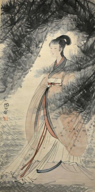 Vintage Chinese Watercolor Lady Figure Wall Hanging Scroll Painting - Fu Baoshi