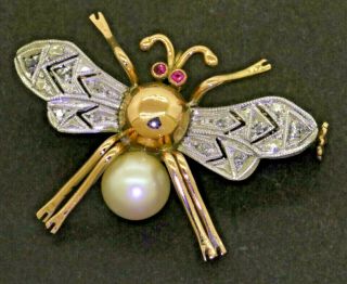 Antique Platinum/18k Gold.  15ctw Diamond/ruby & 8mm Pearl Insect Brooch/pendant