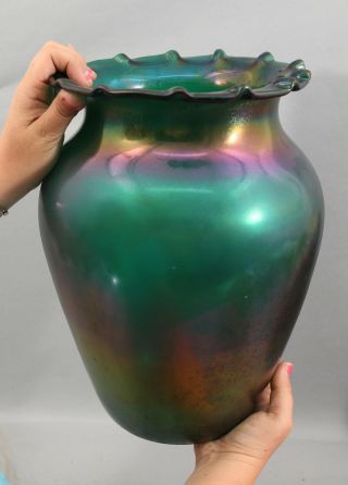 Large Antique Hand Blown Creta Glatt Iridescent Loetz Czech Art Glass Vase