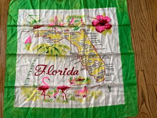 Vintage 1940’s Souvenir Scarf State Of Florida Map Pink Green Sherry 29” Square