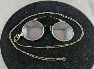14k Solid White Gold Antique Pince - Nez Folding Eyeglasses W/ Necklace Chain