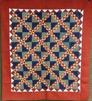 Outstanding Dated 1925 Lady Of The Lake Quilt Antique Indigo Blue Red Crisp