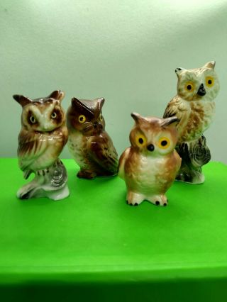 Vintage Miniature Owl Figurines.  4 Owls Tiny Porcelain.  1.  5 " - 2.  5 "