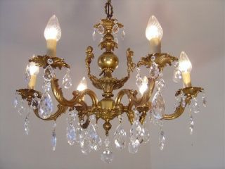 Small Brass French Chandelier Ceiling Lamp 6 Light Crystal Prisms Ø 24 "