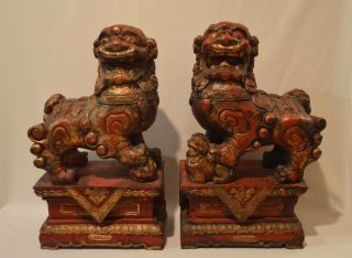 Large Chinese Red & Gold Gilt Carved Wood Guardian Lion Foo Dogs
