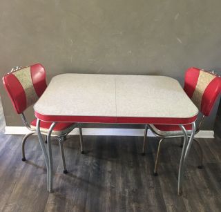 Vintage Douglas Furniture Co.  Retro Chrome & Red Formica Table & 2 Chairs