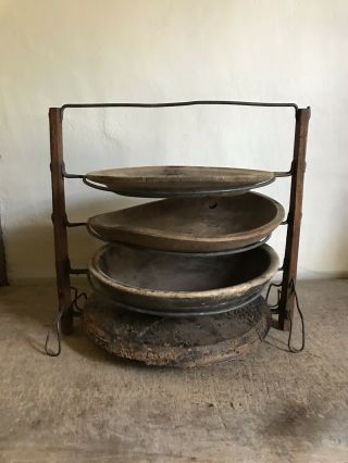Rare Form Old Antique Wooden & Metal Plate Bowl Holder Rack Stand Aafa Handmade