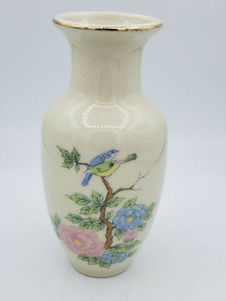 Vintage Japan Crackled Porcelain Vase With Flowers And Birds 6 1/8  T