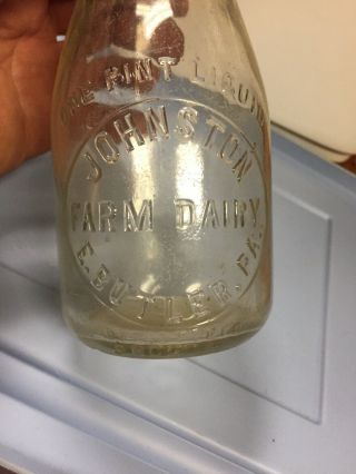 Vintage Pint Milk Bottle Johnston East Butler,  Pa (2 Chips On Bottom/ See Pic. )