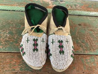 Antique Sioux Fully Beaded Moccasins Parfleche Soles N R.  1