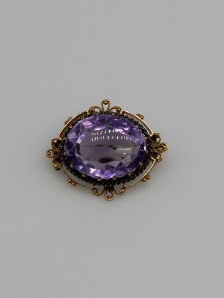 Antique Victorian 1890s 25ct Natural Amethyst 14k Yellow Gold Brooch Pin Rare