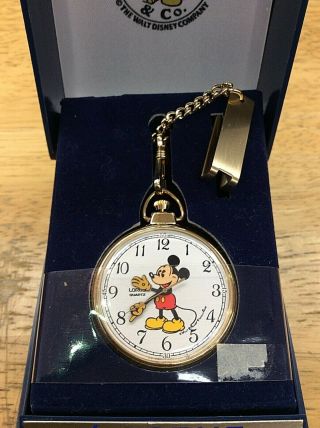Vintage Lorus Quartz Mickey Mouse Gold Tone Pocket Watch In Case