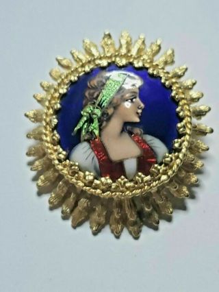 Antique 14k Yellow Gold French Limoges Hand Painted Portrait Brooch Pendant