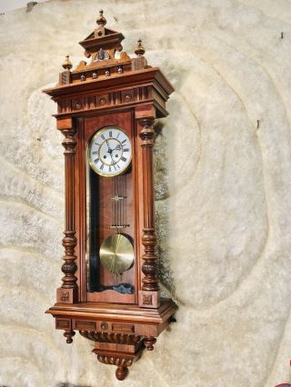 Rare Vintage Antique Germany Keywound Striking Vienna Clock,  Walnut & Pendulum