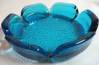 Vintage Ashtray Turquoise Aqua Blue Heavy Glass Stippled Bubble Bottom Mcm