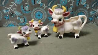 Vintage Ceramic Bull Cow Creamer & Salt Pepper Shakers Purple Horned