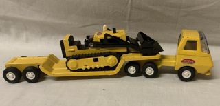 Vintage Mini Tonka Yellow Semi Truck With Lowboy Trailer & Bulldozer
