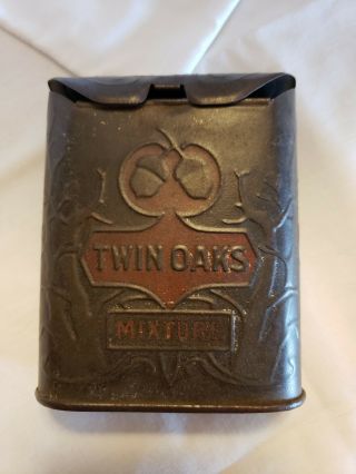 Vintage Antique Twin Oaks Tobacco Mixture Vertical Pocket Tin Roll Top Embossed