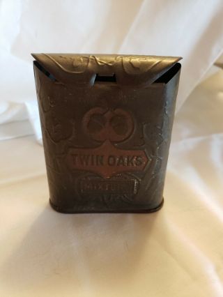 Vintage Antique TWIN OAKS Tobacco Mixture Vertical Pocket Tin Roll Top Embossed 2