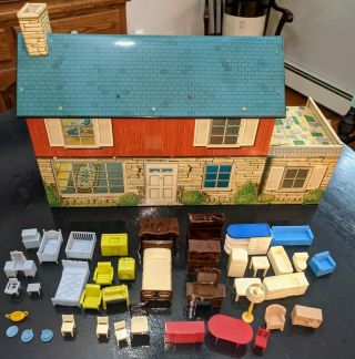 Vintage Marx Tin Litho Doll House Modern Colonial 6 Rooms.  With Furniture.