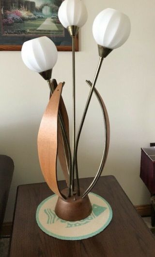 Vtg Danish Mid Century Modern Teak Wood Brass Tulip Table Lamp Eames Era Retro