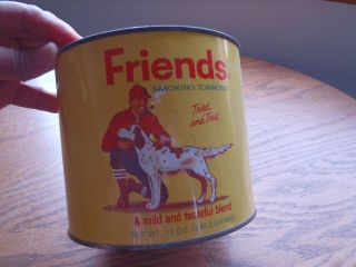 VINTAGE FRIENDS SMOKING TOBACCO TIN CAN 12 OZ,  HUNTING DOG WITH MAN 2