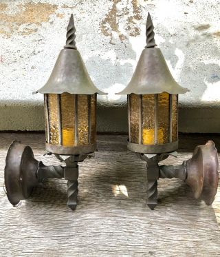 Pair Antique Arts Crafts Porch Lights Sconces Cast Bronze Tudor Copper Vintage