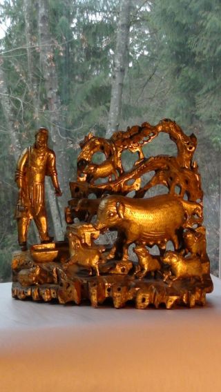 Antique Chinese Lacquered Gilt Pierced Wood Hand Carved Figure Group With A Pigs