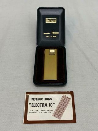 Vintage Hadson " Electra 10 " Butane Gas Lighter Brushed Gold - Tone In Case Euc