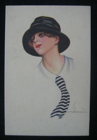 Vintage Postcard Artist Signed Nanni Beauty With Striped Tie